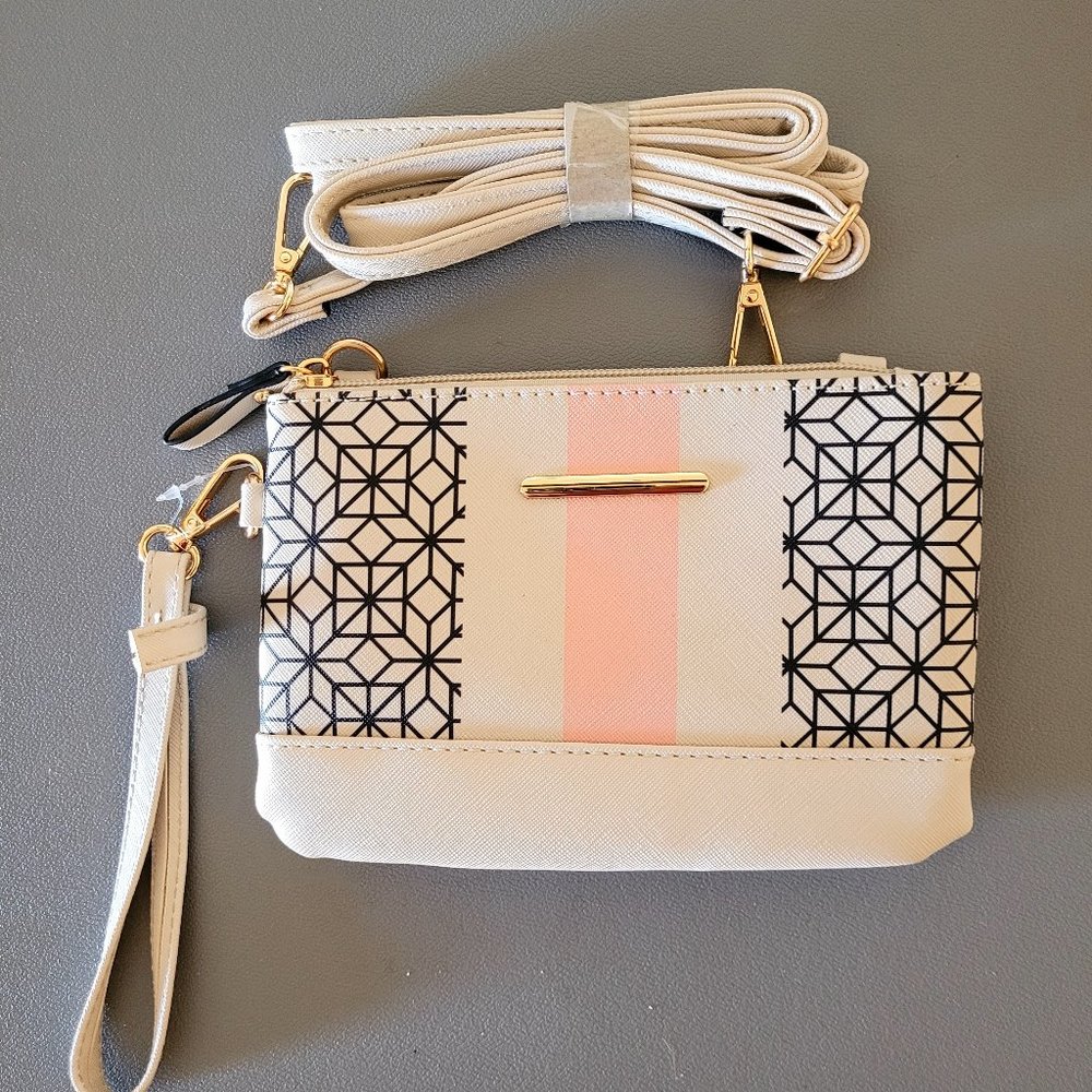 Cute Wristlet With Crossbody Shoulder Bag Strap Cream Black & Pink New